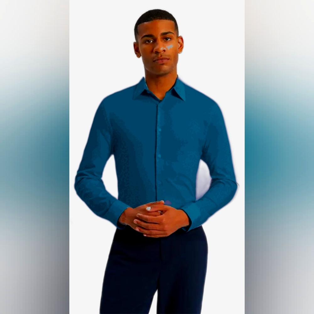Express Solid 1MX Dress Shirt Dark Blue